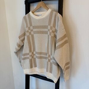 Vintage 80s Claiborne Beige Plaid Knit Crew Neck Sweater 100% cotton Womens L